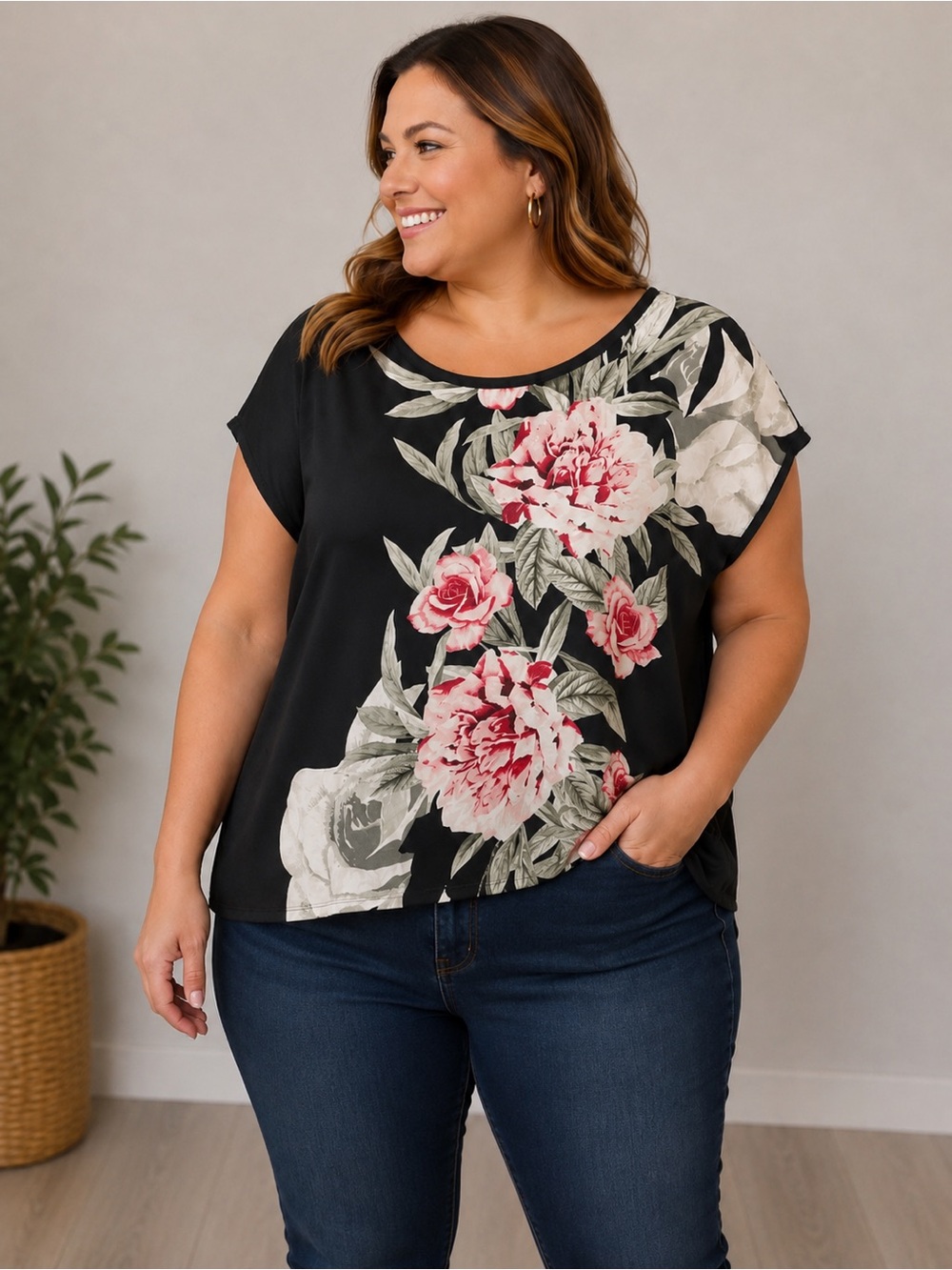 George Plus Black Floral High-Low Tunic Top – Size XXL